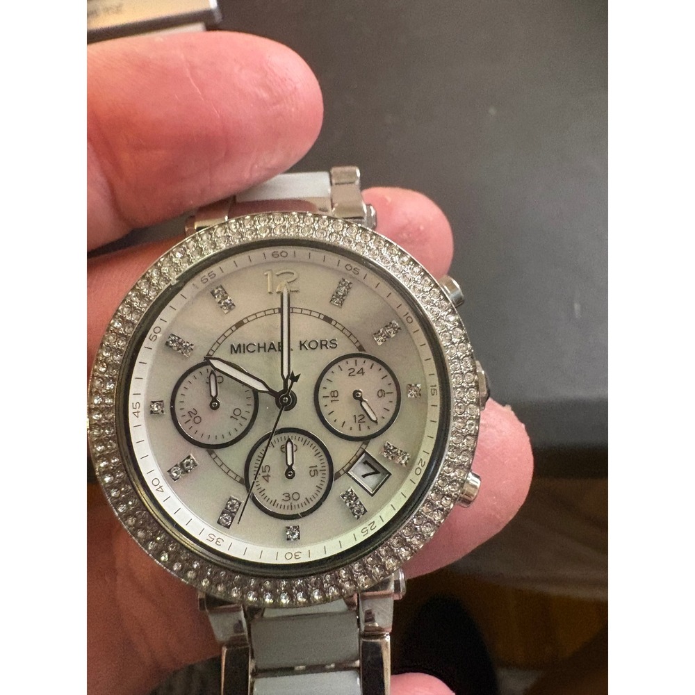 Michael Kors Parker Silver Tone White Acetate Chronograph Watch MK6117